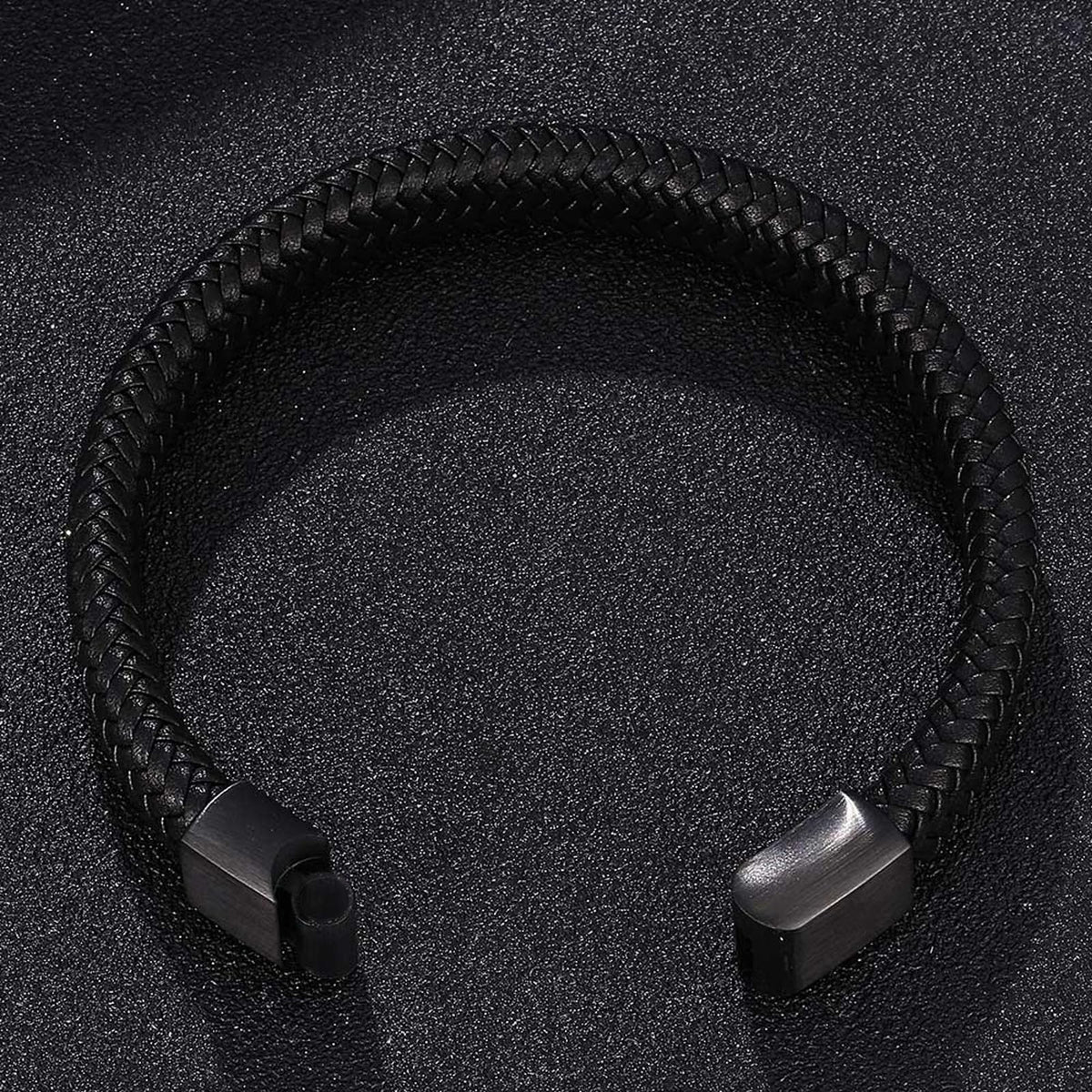 Silverso Men's Leather Bracelet, Stackable Stainless Steel Clasp Bracelets for Men Stylish Birthday, Thanksgiving, Valentine's Day Gift for My Man (7.8" Pure Black)