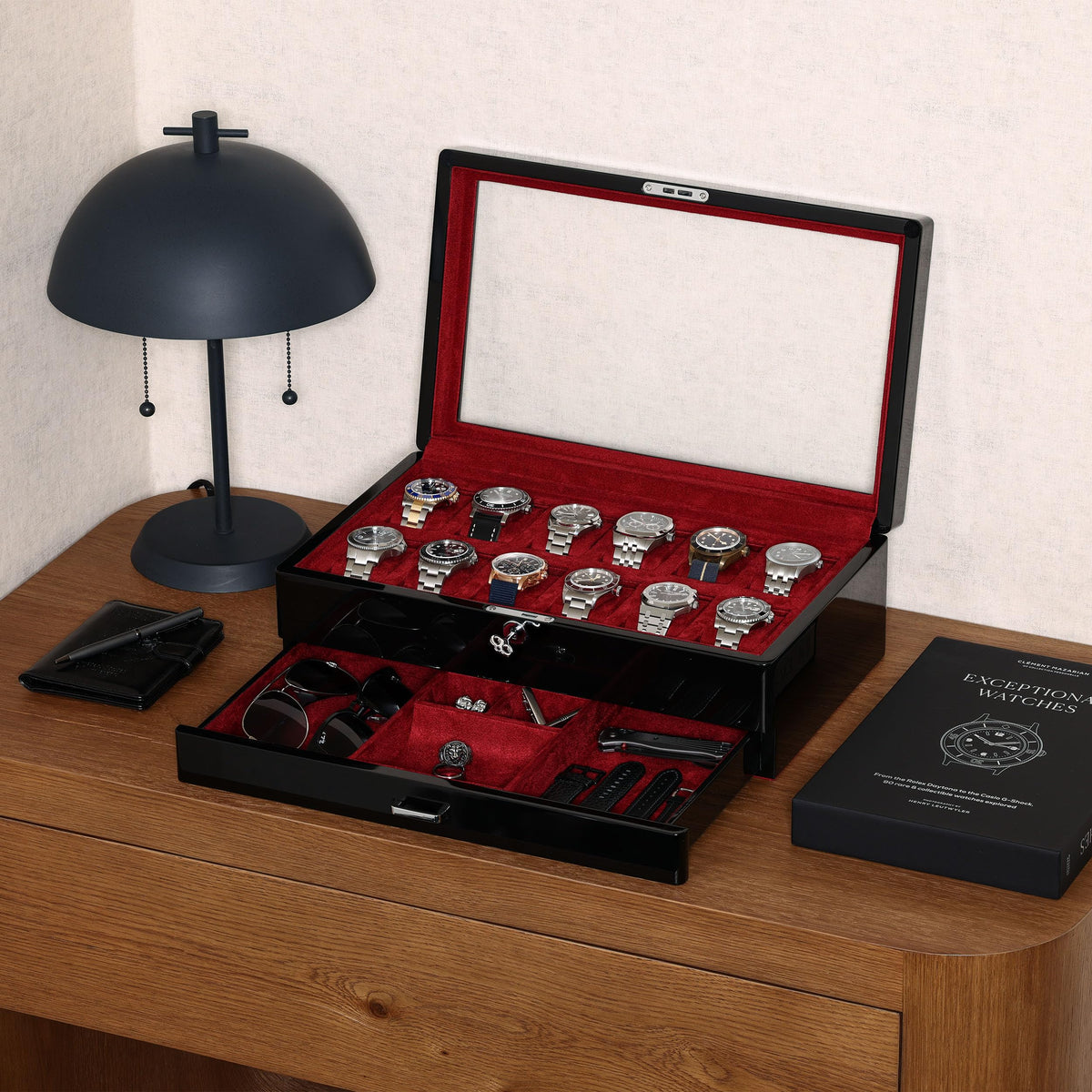 ROTHWELL 12-Slot Piano Black Watch Box with Valet Drawer - Premium Jewelry Display Case Organizer with Locking Glass Top and Microsuede Liner for Men & Women (Red Interior)