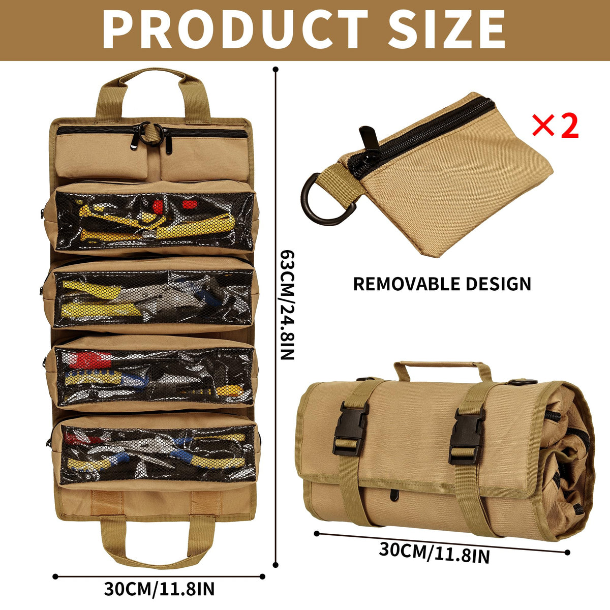 Tool Bag,Gifts for Men,Roll Up Tool Bag, Rollable Carrying Toolbag,Heavy Duty Tool Organizer, Foldable Empty Rollup Organizer with 2 Small Pouches (Khaki)