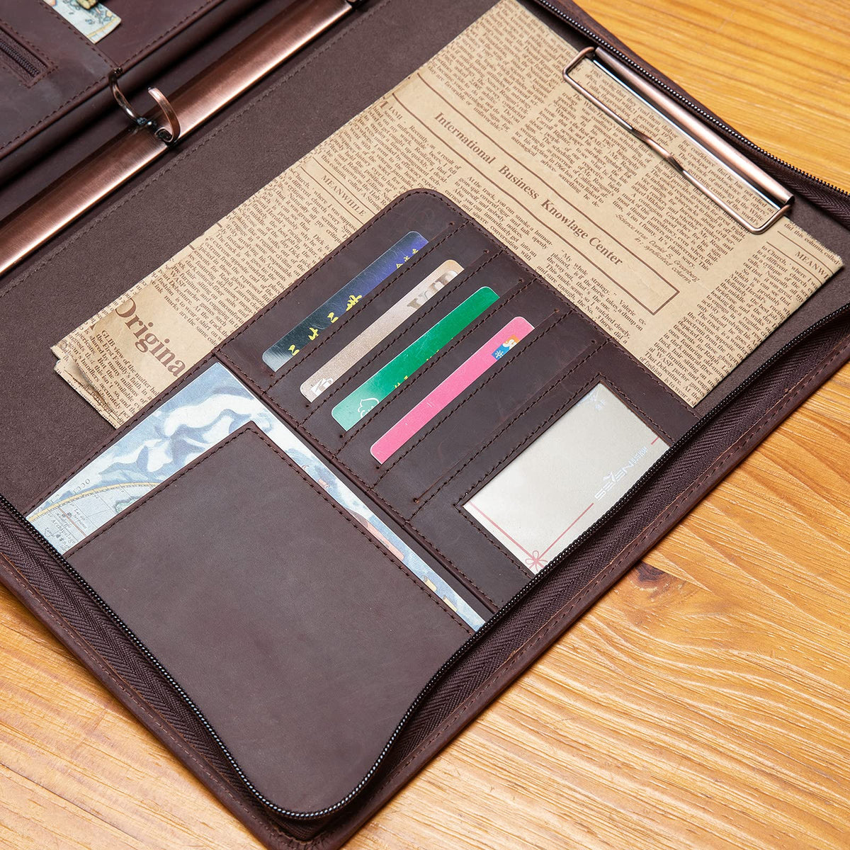 YIWEN Handmade Leather Portfolio with Handle, 3 Ring Binder, Zippered Padfolio for 13" Tablet, 8.5 x 11 Notepad, Professional Business Document Organizer (Dark Brown, Crazy Horse Leather)