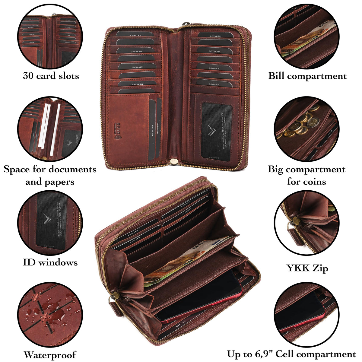 Lavalen Leather RFID Wallet Women – Modern RFID Womens Wallet- Big Multiple Compartments – Credit Card Holder – Handcrafted Genuine Leather -Carteras de Mujer Piel.