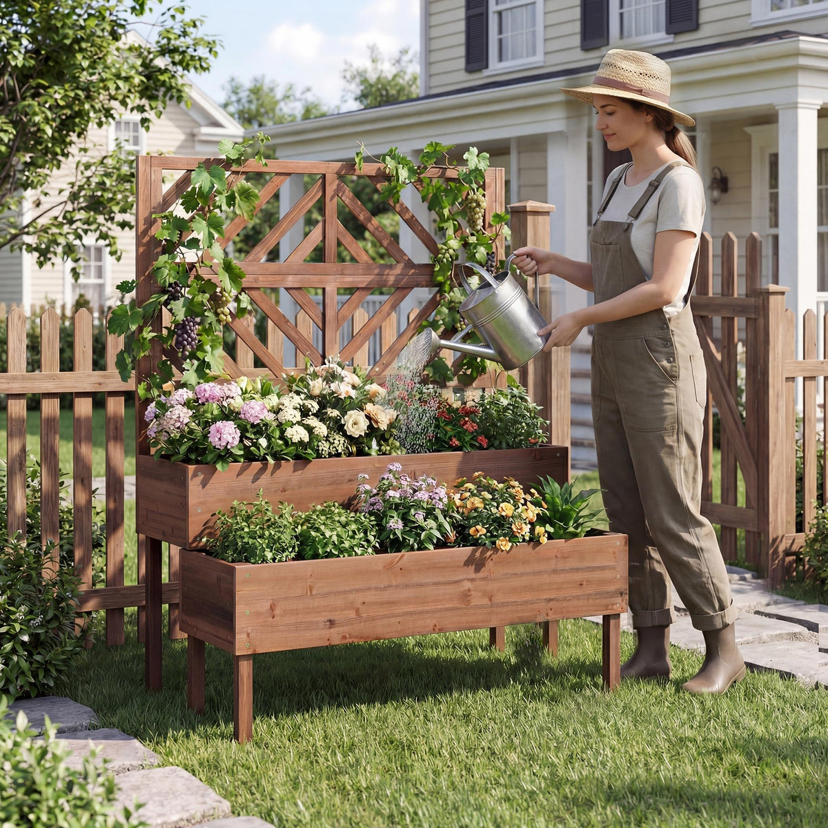 Giantex Raised Garden Bed with Trellis, 2-Tier Standing Planter Box with Legs and Drain Holes, Outdoor Elevated Garden Trellis for Vine Climbing, Flower Vegetable Fruit Herb Growing, Coffee Brown