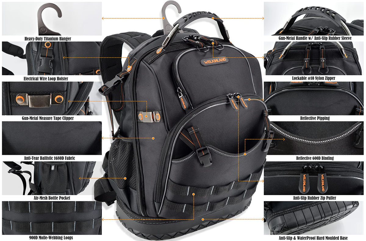 WELKINLAND 77-Pockets Electricians Tool Backpack, Tool Backpack For Men, HVAC Tools Bag Backpacks, Tools Backpacks For Construction