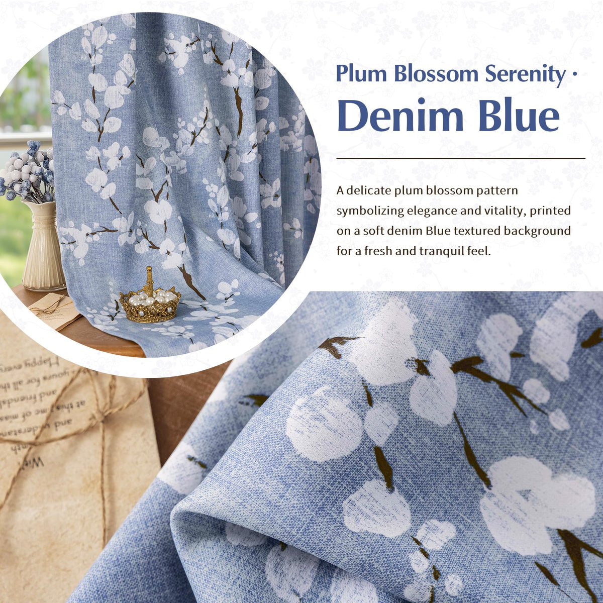 FMFUNCTEX 100% Blackout Floral Curtains for Bedroom, Blue Curtains 63 inch Length Blossom Flower Patterned for Living Room, Thermal Insulated Farmhouse Drapes, Grommet Top 2 Panels (White on Blue)