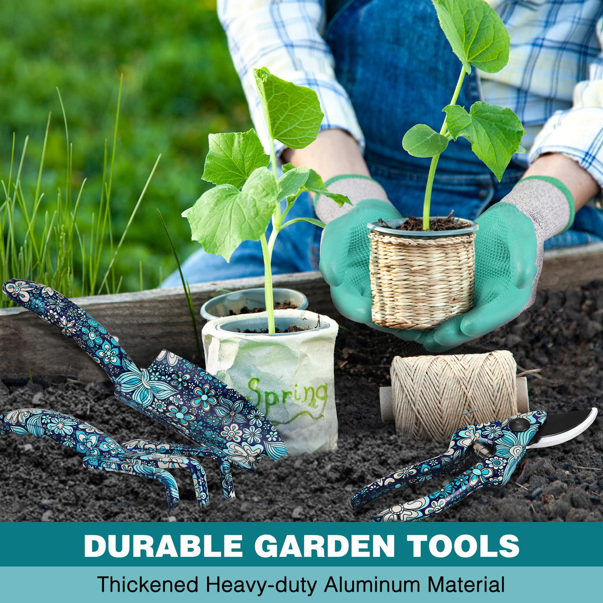 WORKPRO 5PCS Garden Tool Set, Aluminum Heavy Duty Gardening Tool Set with Garden Tool Bag, Outdoor Garden Hand Tools, Floral Blue