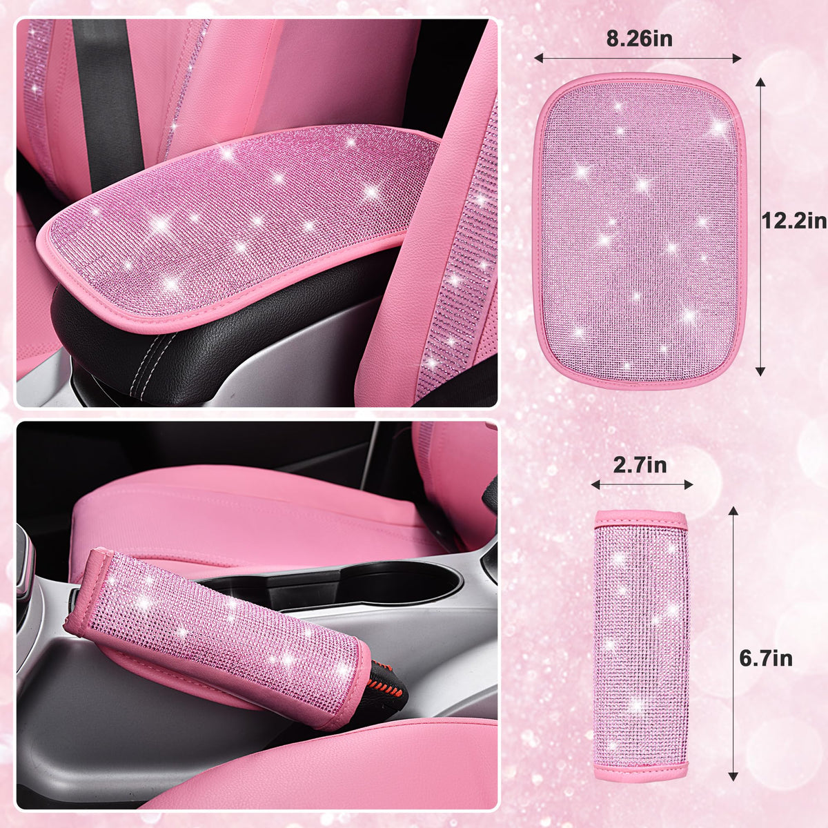 CAR PASS 24 PCS Pink Bling Diamond Accessories Set for Women, Leather Seat Covers, 15'' Steering Wheel Cover, Shining Rhinestone Sparkly Hooks, Coasters, Cute Interior Decorations