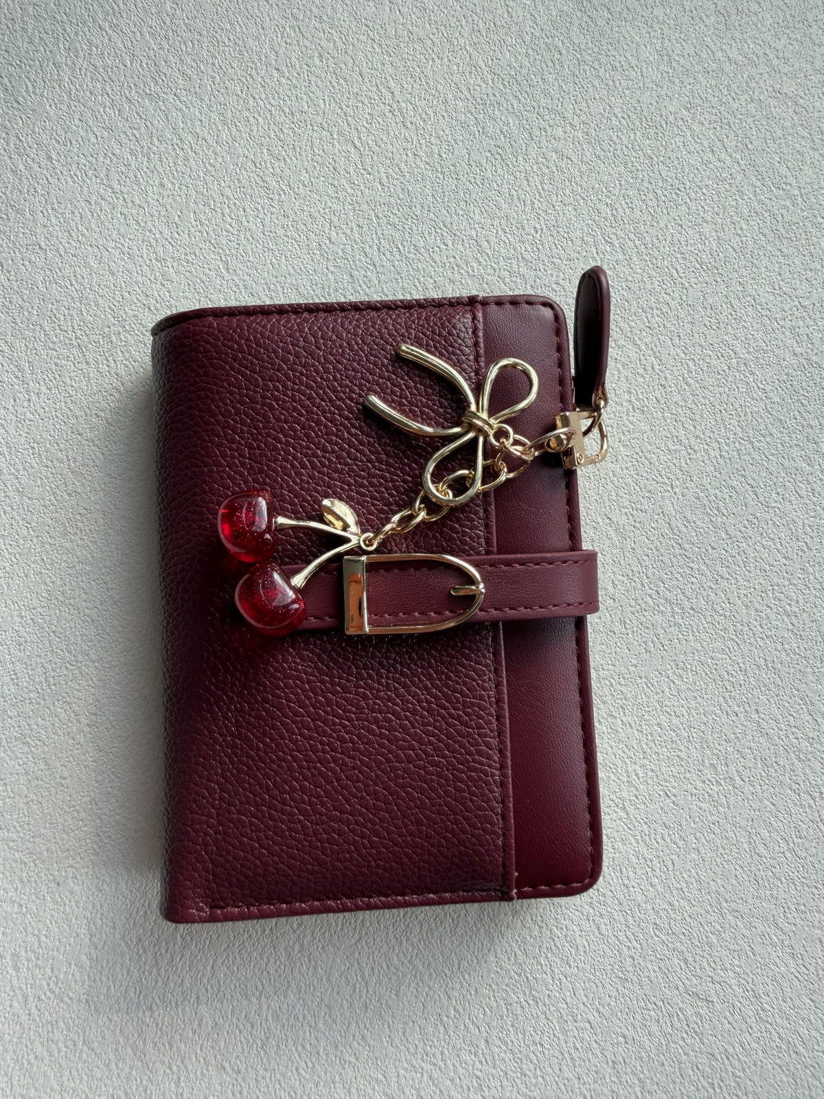 Ninmon Shares Small Wallet for Women Wine Red PU Leather Trifold Card Holder with Coin Pocket & Red Cherry Keychain (Red)