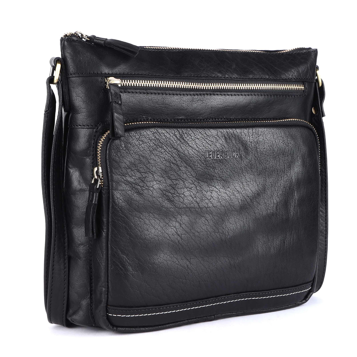 LEDERBUCK Olga Women's Extra-Large Genuine Leather Crossbody Purse – Soft Triple-Zip Shoulder Bag (Black)