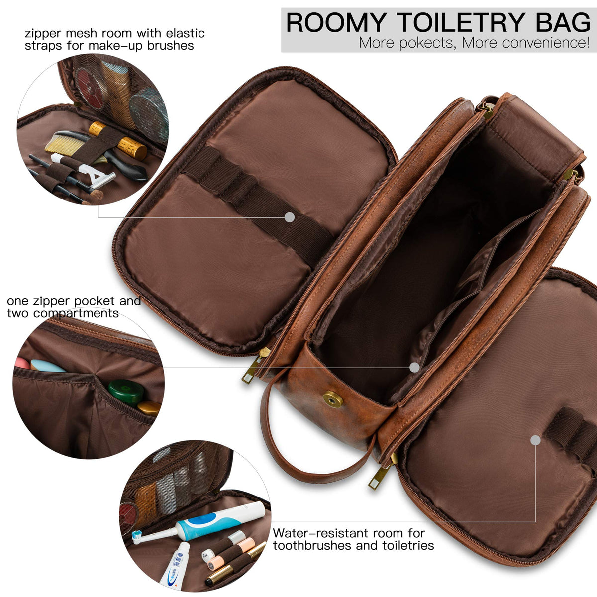 Elviros Travel Toiletry Bag for Men, Shaving Dopp Kit Water-resistant Bathroom Small Toiletries Organizer PU Leather Cosmetic Bags