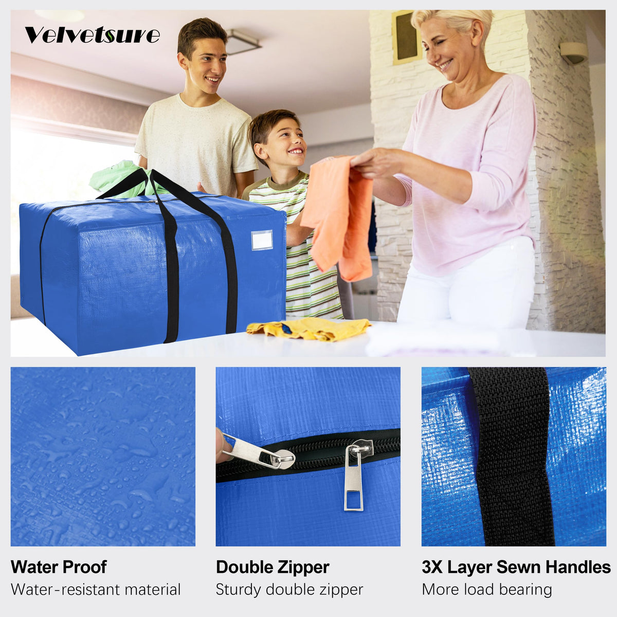 VELVETSURE Heavy Duty Extra Large Moving Bags W/Backpack Straps - Strong Handles & Zippers, Storage Totes For Space Saving, Fold Flat, Alternative to Box and Bin (Set of 6, Multicolor)