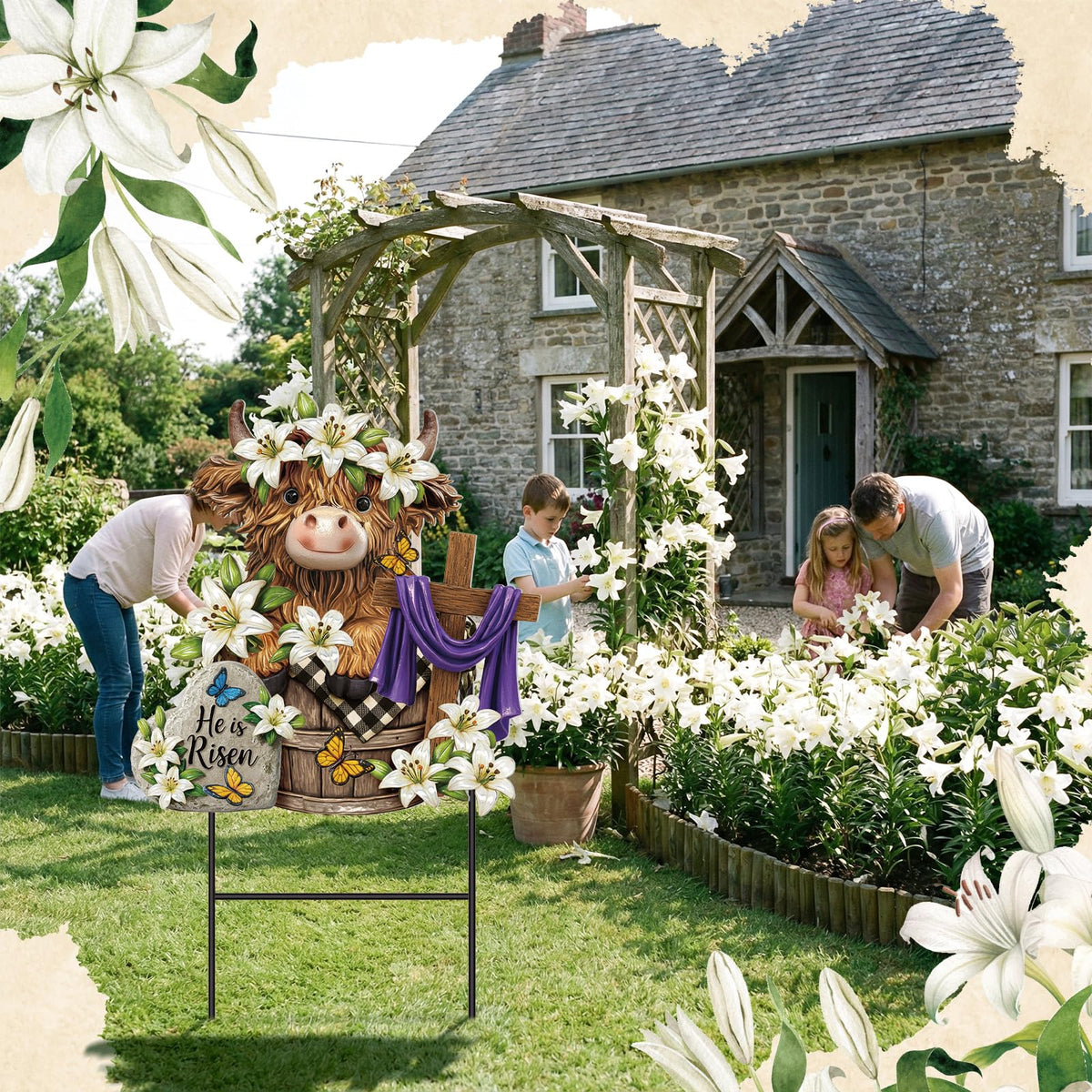 Amyhill Easter Outdoor Decor Highland Cow Metal Garden Stakes Decorative He is Risen Highland Cow Yard Signs with Stakes Cattle Lily Yard Sign for Easter Christian Holiday Garden Lawn Decor
