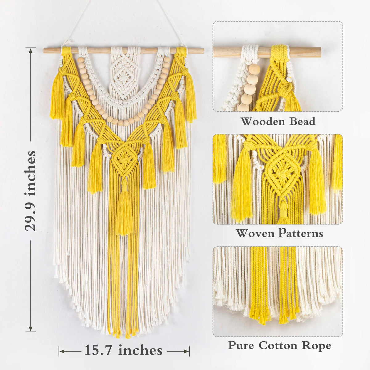 HVEST Yellow Macrame Wall Hanging Boho Wall Decor Handmade Woven Tapestry for Bedroom Living Room Dorm Nursery Bathroom Home Modern Decor Artwork, 29.9L X 15.7W inches