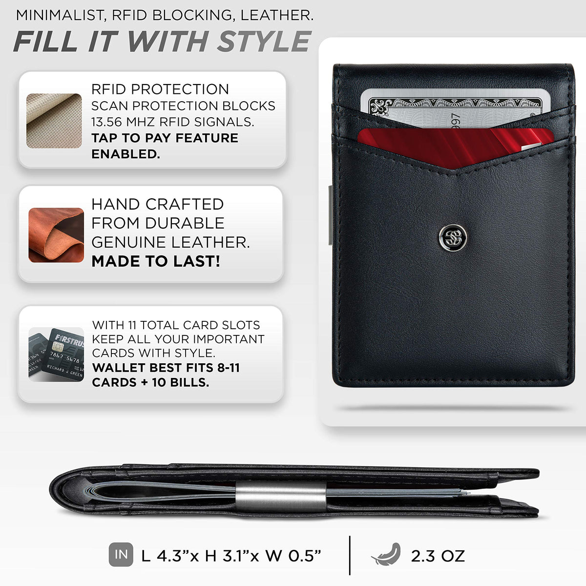 Suavell Slim Wallets for Men. Minimalist Bifold Wallet With Money Clip & ID Window. RFID Blocking Credit Card Holder Front Pocket Wallet, Gifts For Men - Husband Father On Birthday Anniversary.