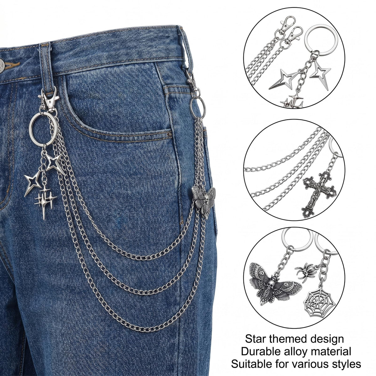 Thrist Punk Jeans Chains Keychain Set - 7 Pieces Y2K Goth Grunge EMO Layered Chunky Pants Chain Keychain Set Silver Star Belt Chains Keychains Jewelry Accessory for Women Men Jeans Bag Pocket Wallet