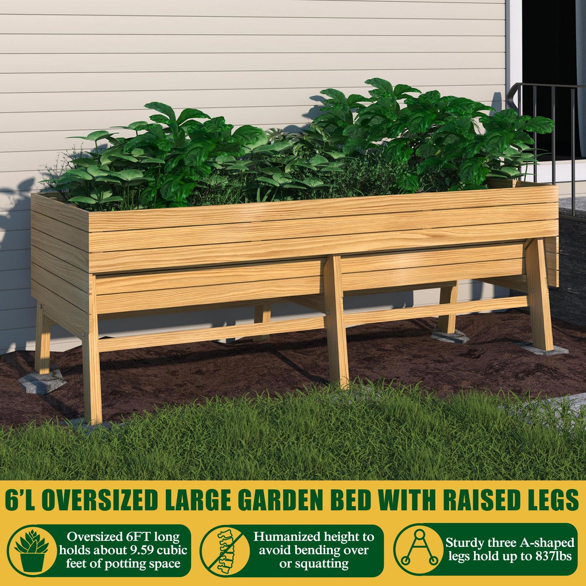 Yardenaler 6 x 3 x 2FT Raised Garden Bed with Legs, Large Outdoor Elevated Wood Planted Box with Liner for Vegetable Flower, Backyard and Patio, Natural