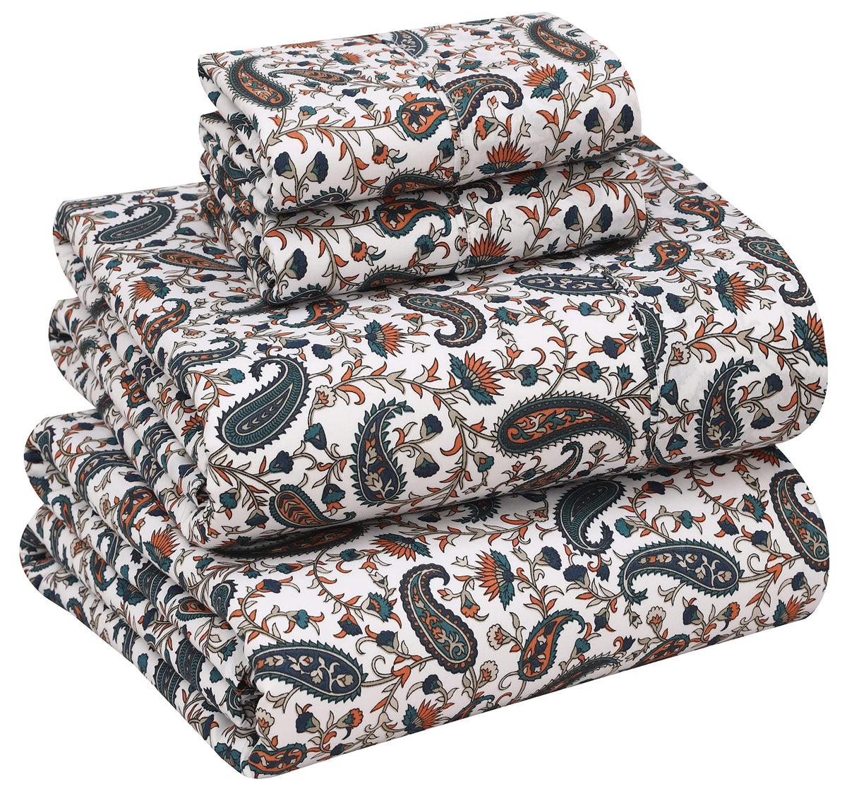 RUVANTI 100% Cotton Percale Sheets, Full Size, Teal Paisley