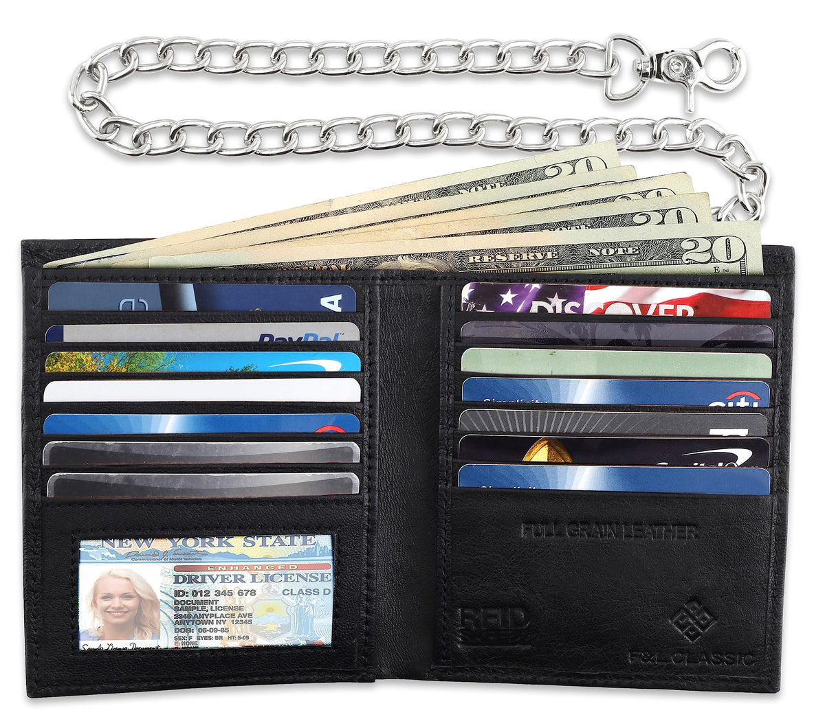 F&L CLASSIC Mens Chain Wallet Large Capacity | RFID Blocking | Buffalo vintage Leather | Bi-Fold Big Hipster | 186 black w/chain