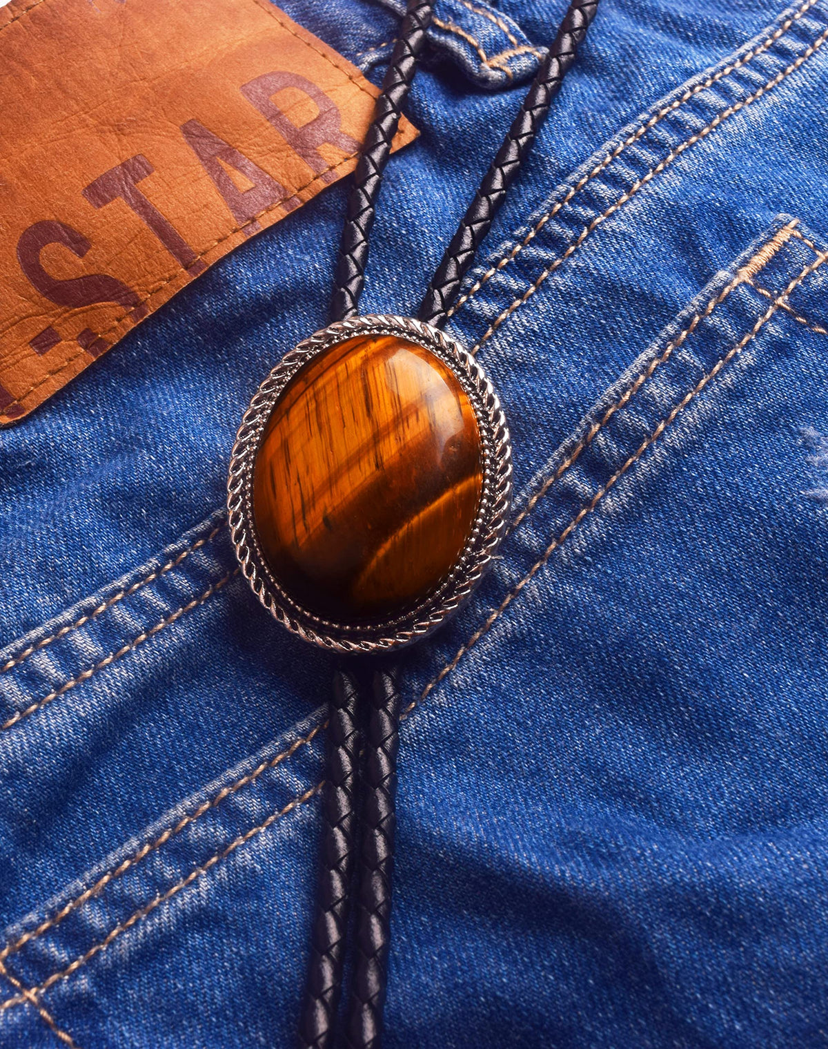 Moranse Bolo Tie with Natural Tiger Eye Stone Celtic Style Genuine and Cowhide Rope(Tiger Eyes 3 Style)