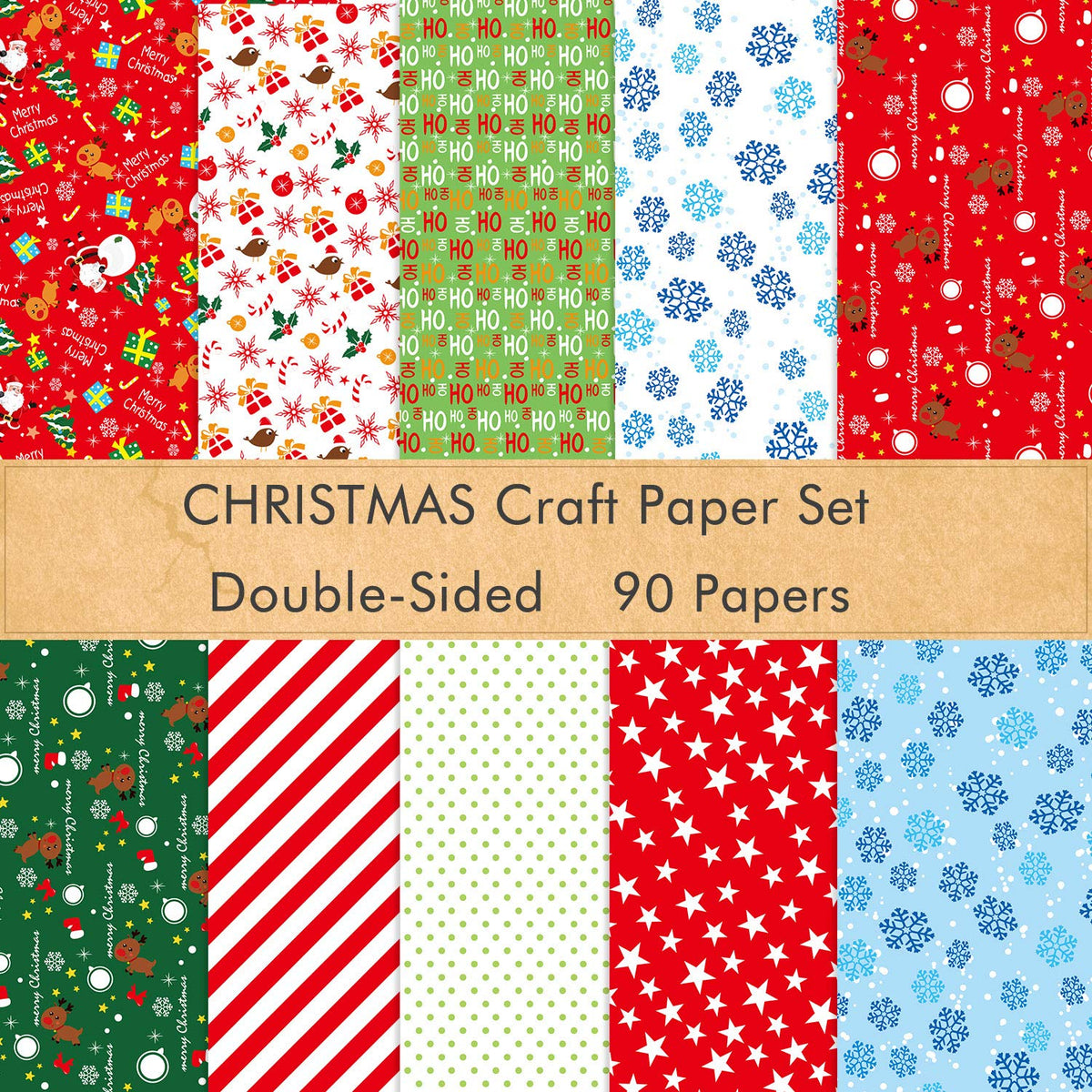 FEPITO 90 Sheets Christmas Pattern Paper Set, 14 x 21cm Decorative Paper for DIY Scrapbook Card Making Decoration, 10 Designs