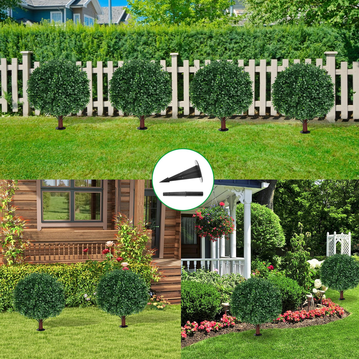 Grooy Artificial Boxwood Topiary Ball Tree with Ground Spike, Set of 2 Artificial Shrub Bushes, Fake Evergreen Tree for Porch, Artificial Plants for Outdoor Planters Indoor UV Resistant
