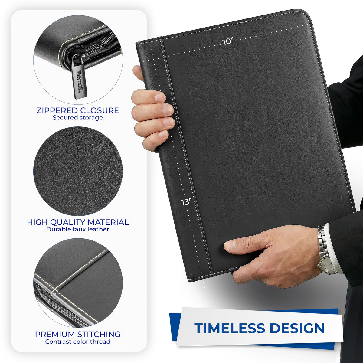 Samsill Contrast Stitch Leather Zippered Portfolio Folder/Business Portfolio for Men and Women, Resume/Document Organizer with Writing Pad, Black (71720)