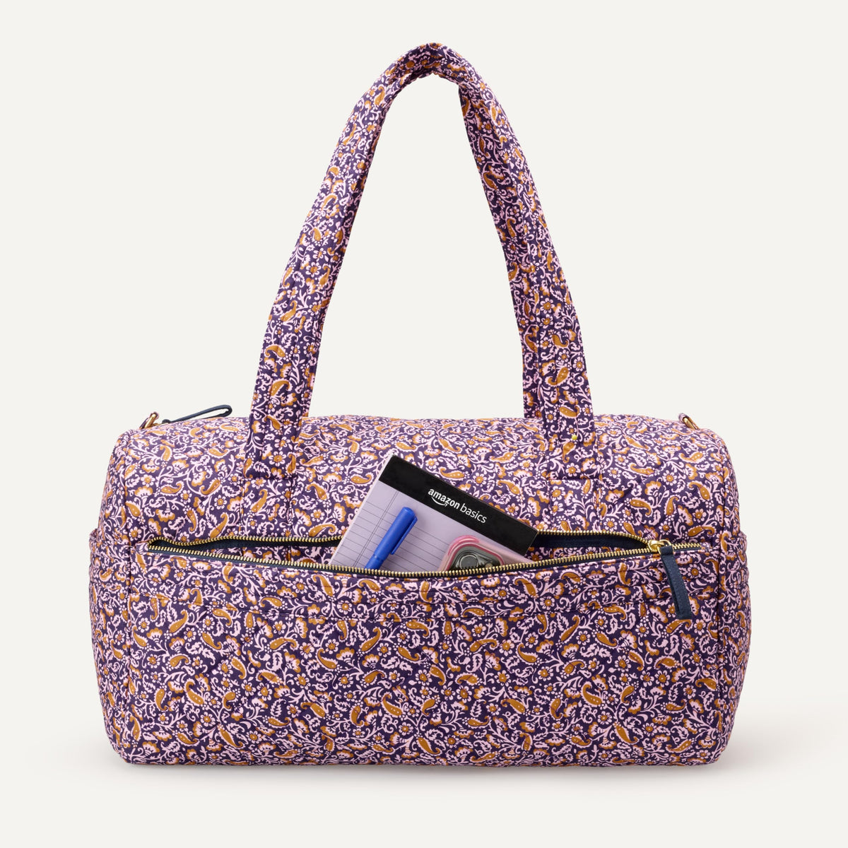 Amazon Essentials Women's Quilted Weekender Duffel Gym Bag with Trolley Sleeve, Navy Paisley, One Size