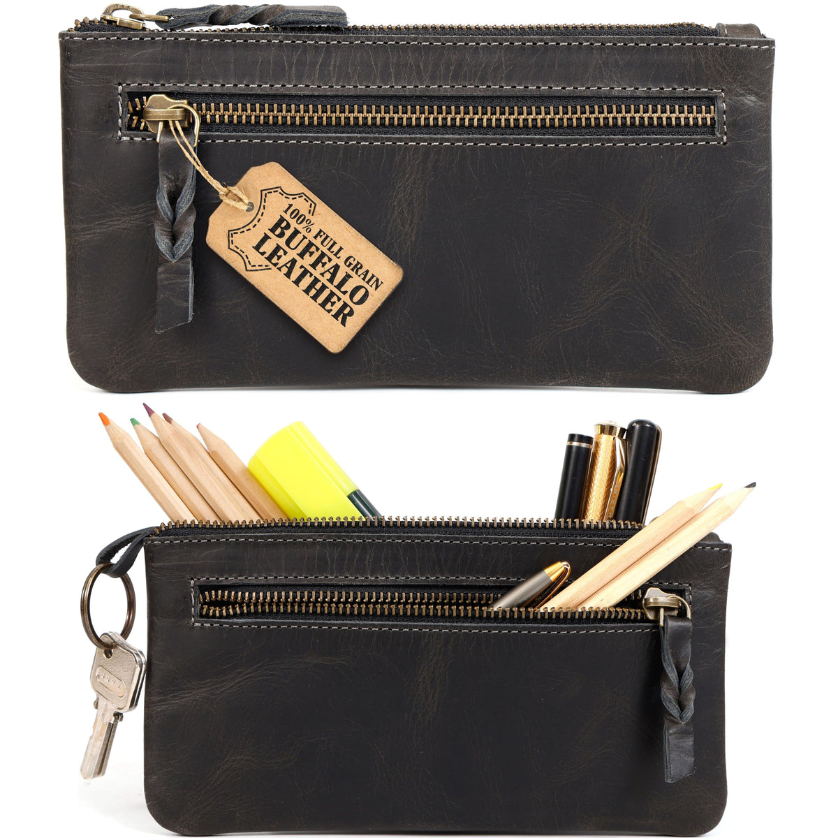 LEATHER TOWN Leather Pencil Case Pouch 8" x 4" - Leather Pen Case with Zipper (Black)