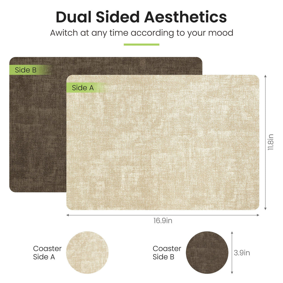 Fyvva Placemats Set of 6, Faux Leather Heat Resistant Wipeable Placemats, Dual Sided Waterproof Washable Table Mats with Coaster, Suitable for Kitchen, Dining, Table Decor (6, Beige Dark Coffee)