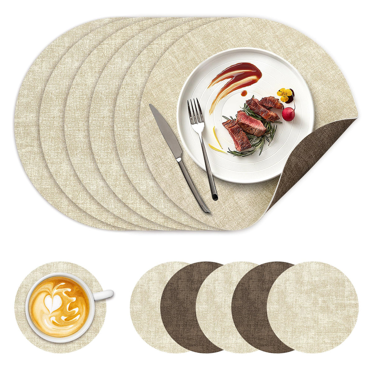 13" Round Placemats Set of 6, NCUE Dual-Sided Faux Leather Heat Resistant Table Mats, Waterproof Oilproof Washable Protective Table Placemats with Coaster, Wipeable Vinyl for Indoor & Outdoor Use