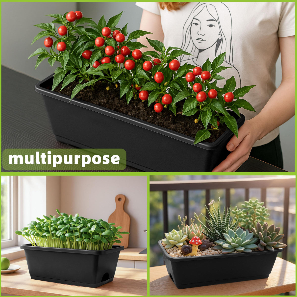 LOCONHA Window Box Planter, Plastic Vegetable Flower Planters Boxes 17 Inches Rectangular Flower Pots with Saucers for Indoor Outdoor Garden, Patio, Home Decor (12, Dark Grey)