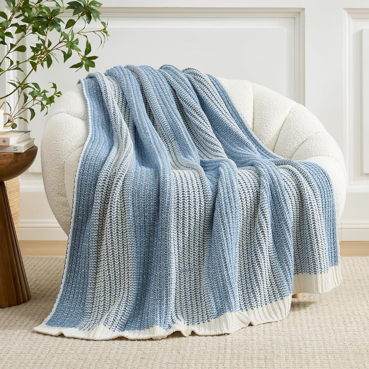 Amélie Home Chenille Knit Throw Blanket Set, Solid Chevron & Two-Tone Blue, Soft Decorative Blankets for Couch & Sofa, 50"x60" 2-Pack