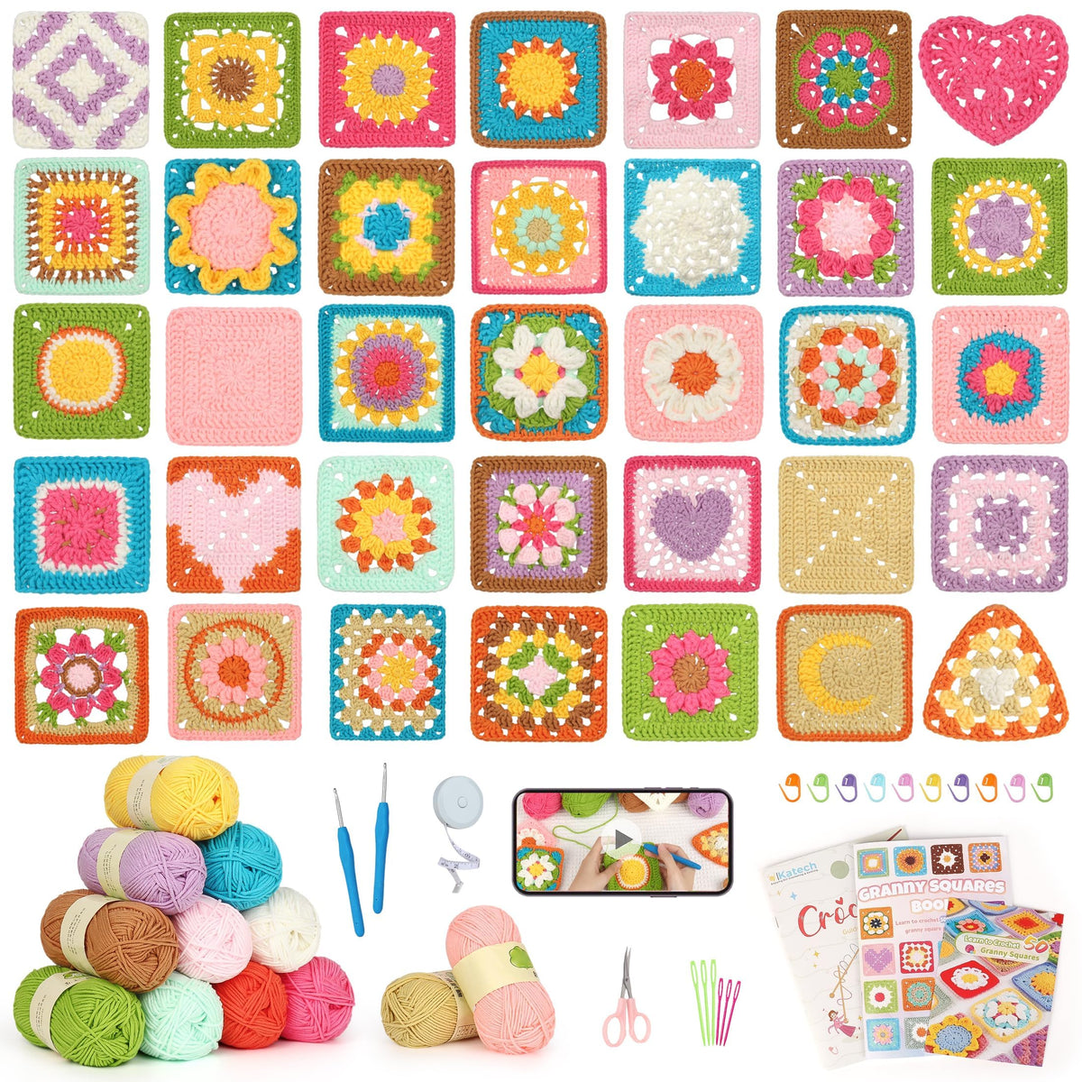 Katech Crochet Kit for Beginners-Crochet Kit for Adults Kids w/Step-by-Step Video Tutorials, Learn to Crochet 50 Pattern Granny Square Kit Crochets Starter Kits w/Upgraded Yarn-Zero Based Friendly