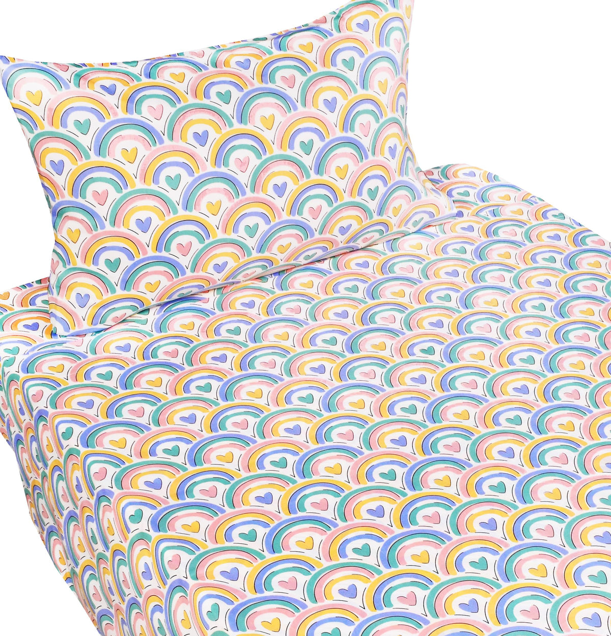 J-pinno Rainbow Heart Colourful Cartoon 100% Cotton 3 Pieces Twin Sheet Set for Kids Girls Boys Children Flat Sheet + Fitted Sheet + Pillowcase Bedding Decoration Gift Set (Love Rainbow, Twin)
