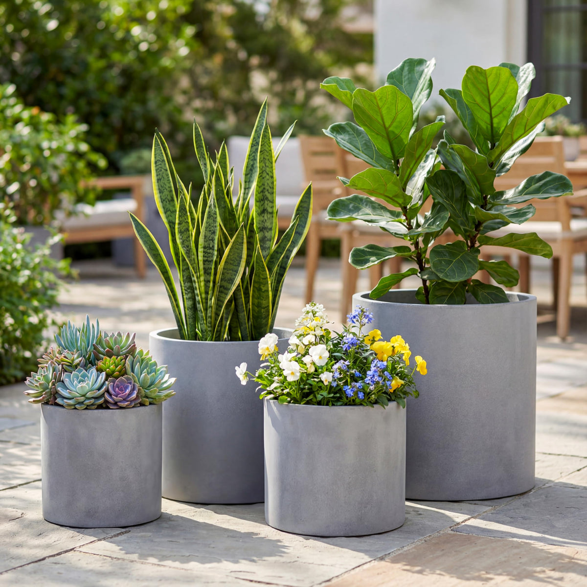 FaithLand 10 Inch Fiberstone Planter - Lightweight Modern Cylinder Plant Pot with Drainage Hole & Plug, Authentic Concrete Look, Gray