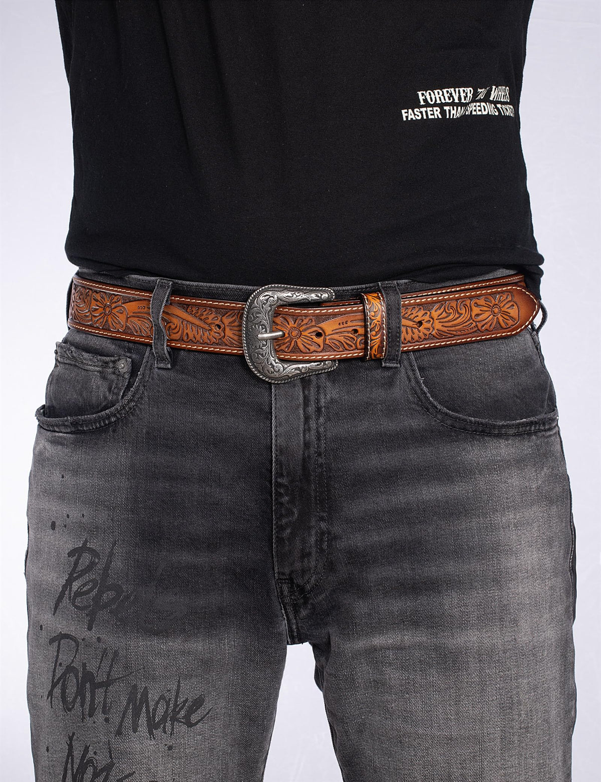 Biybletes Western Cowboy Leather Belt - 1.5" Genuine Leather Country Belt with Durable Buckle (Brown-3, Fit Pants Size 34)