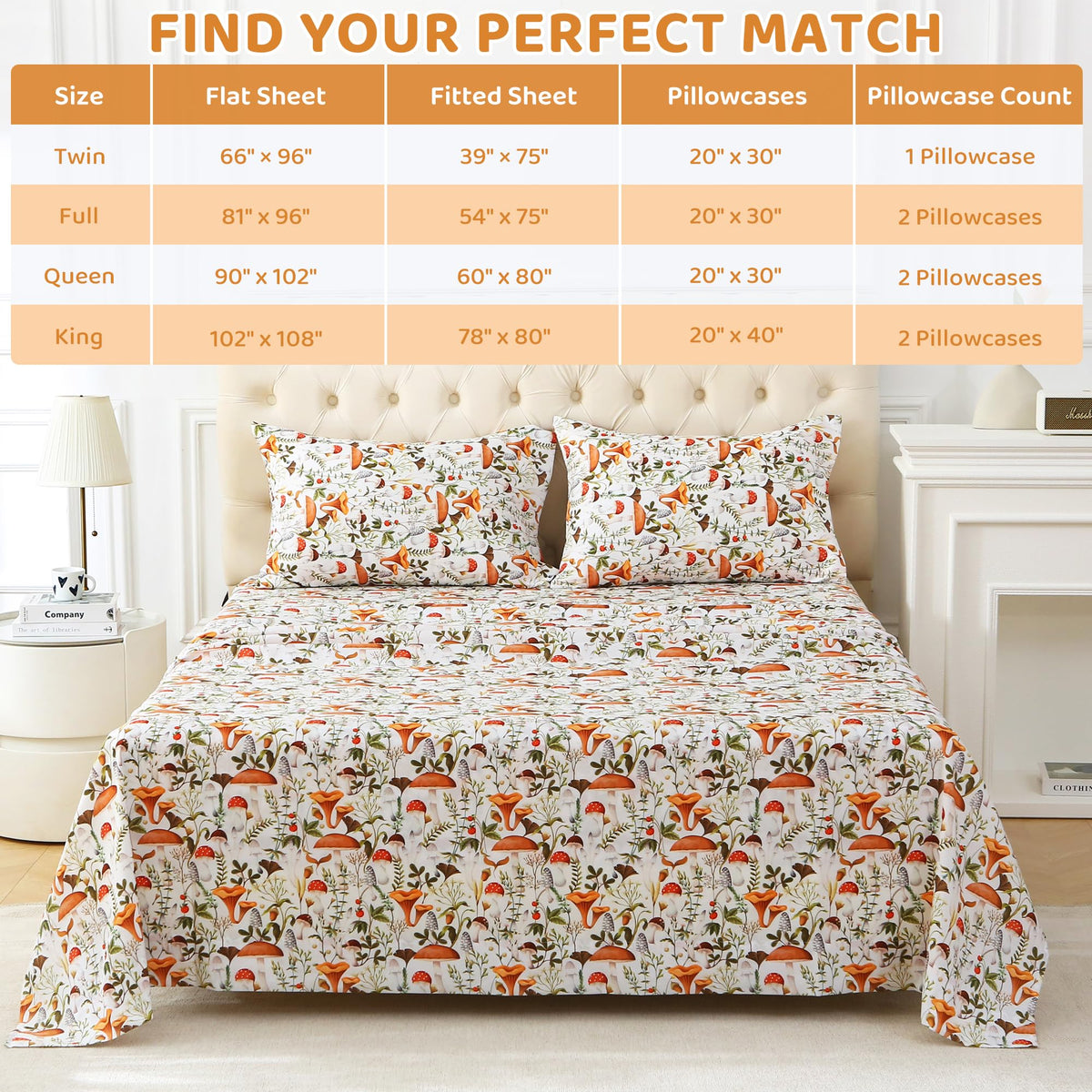 Mooreeke Cozy Vintage Microfiber Printed Queen Sheet Set - Soft & Breathable Percale Mushroom Forest Bed Sheets with Extra Deep Pocket - Non-Slip Fitted Design - Jungle Mushroom Leaves Pattern - Queen