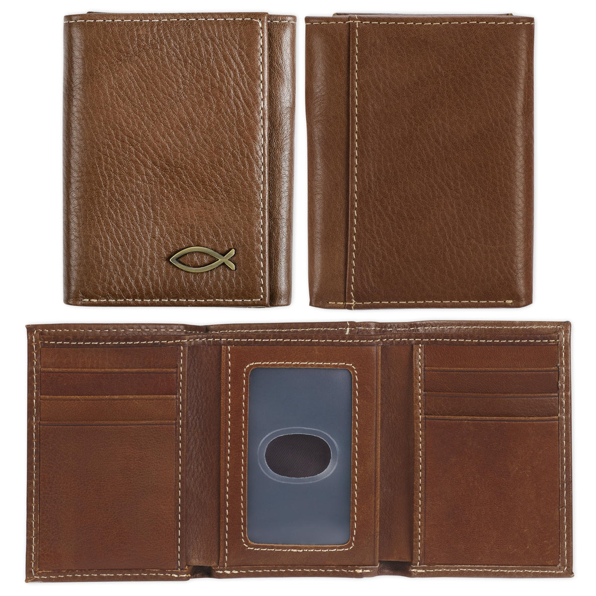 Christian Art Gifts Premium Full Grain Leather RFID Blocking Compact Trifold Wallet for Men, Inspirational Jesus Fish, ID, Credit Card, Cash Storage Accessory, Smooth Brown