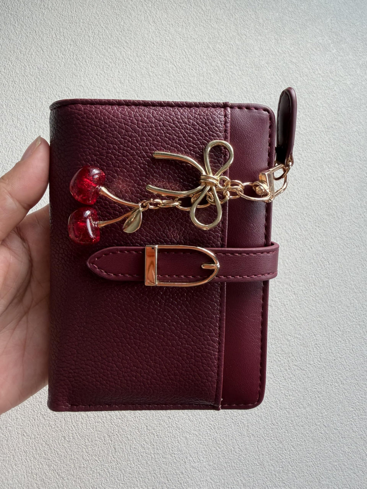 Ninmon Shares Small Wallet for Women Wine Red PU Leather Trifold Card Holder with Coin Pocket & Red Cherry Keychain (Red)