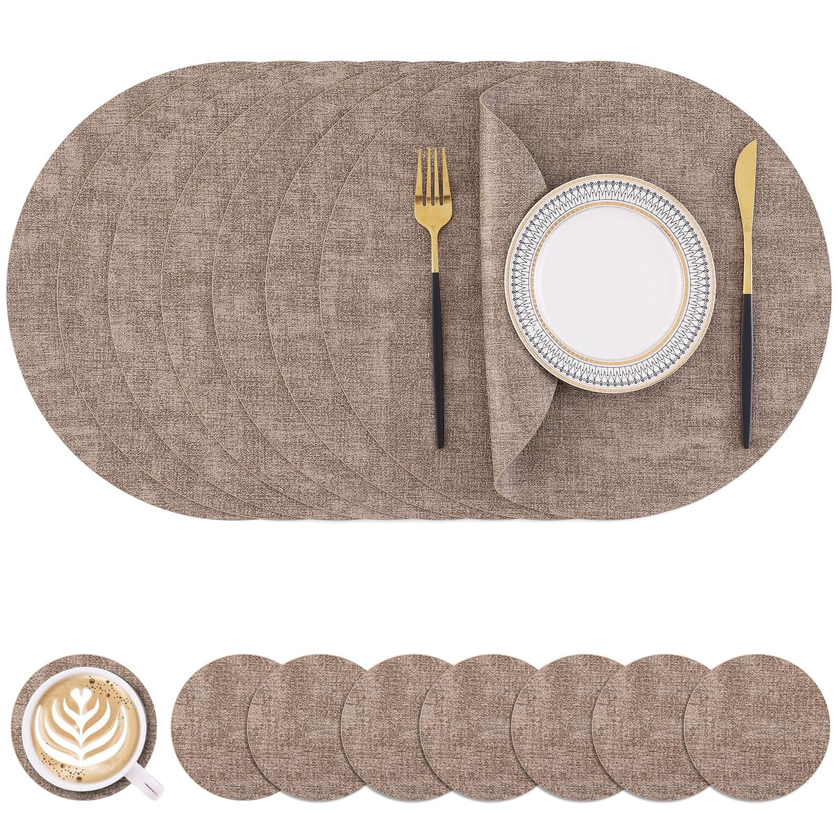 Homaxy Round Faux Leather Placemats and Coasters, Washable Dual-Side Table Mats, Wipeable Heat-Resistant Dining Place Mats for Outdoor and Indoor, Set of 8, Diameter 13 and 3.93 inch, Light Brown