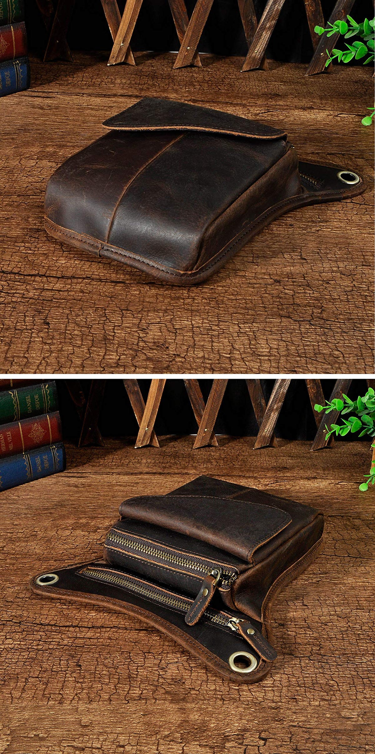Le'aokuu Mens Genuine Leather Messenger Hiking Waist Hip Bum Pack Drop Leg Bag 211-3 1 Dark Brown