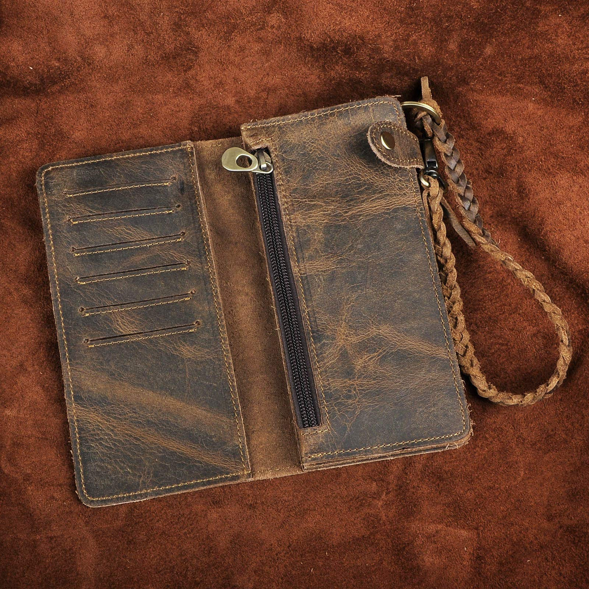 Le'aokuu Mens Genuine Leather Bifold Wallet Organizer Checkbook Removable Chain Wallet