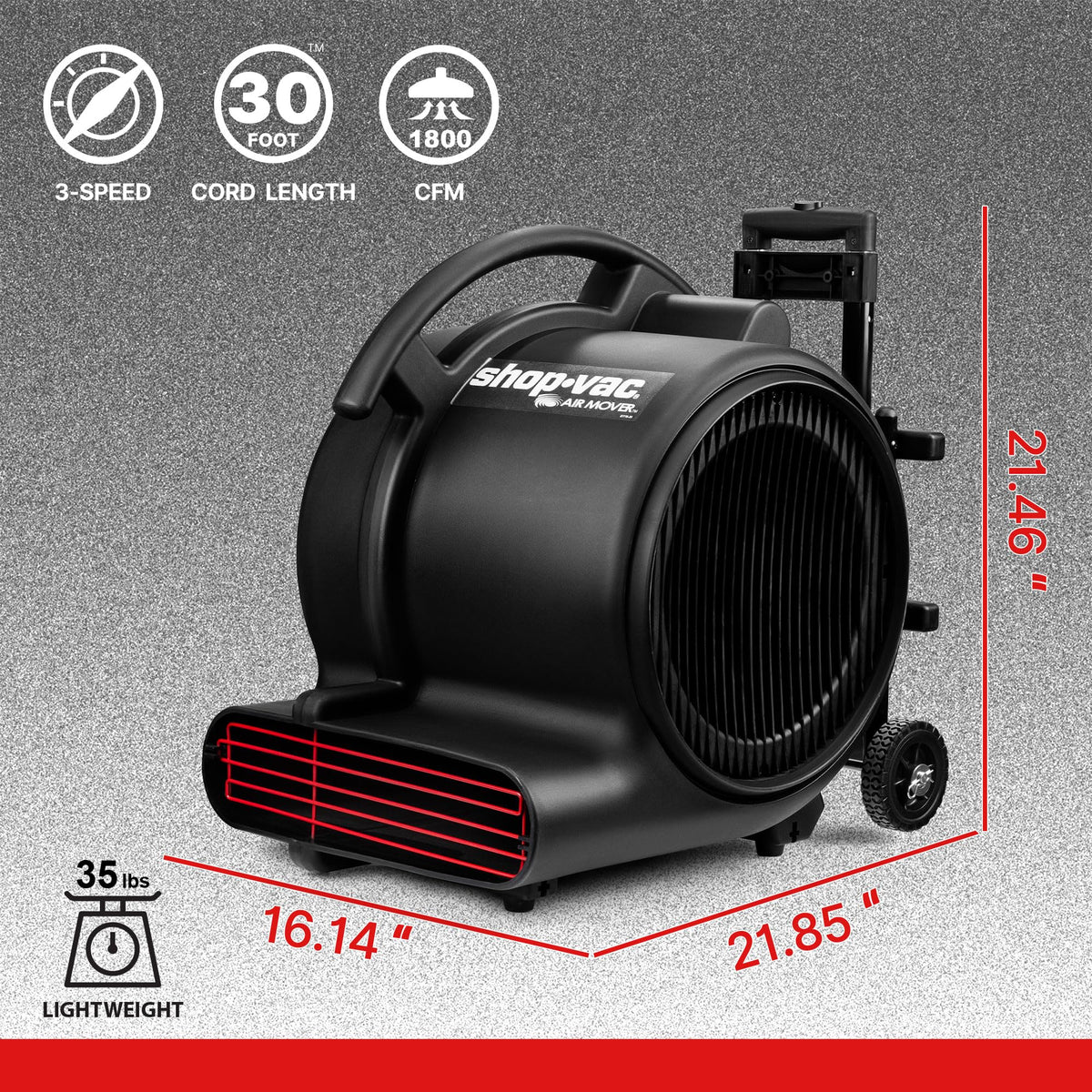 Shop-Vac 5430214 1800 CFM Floor Fan, 3-Speed Air Mover, Blower Fan Heavy Duty Stackable, for Home Commercial, and Janitorial Use