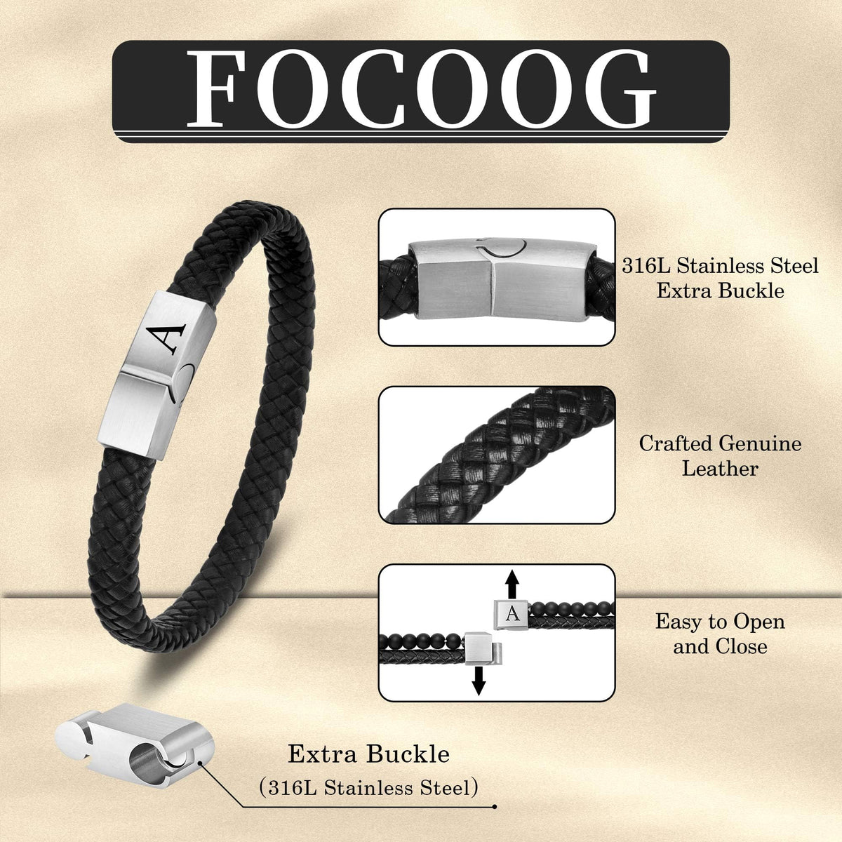 FOCOOG Leather Bracelet for Men - Black Leather Initial Bracelet with Magnetic Clasp