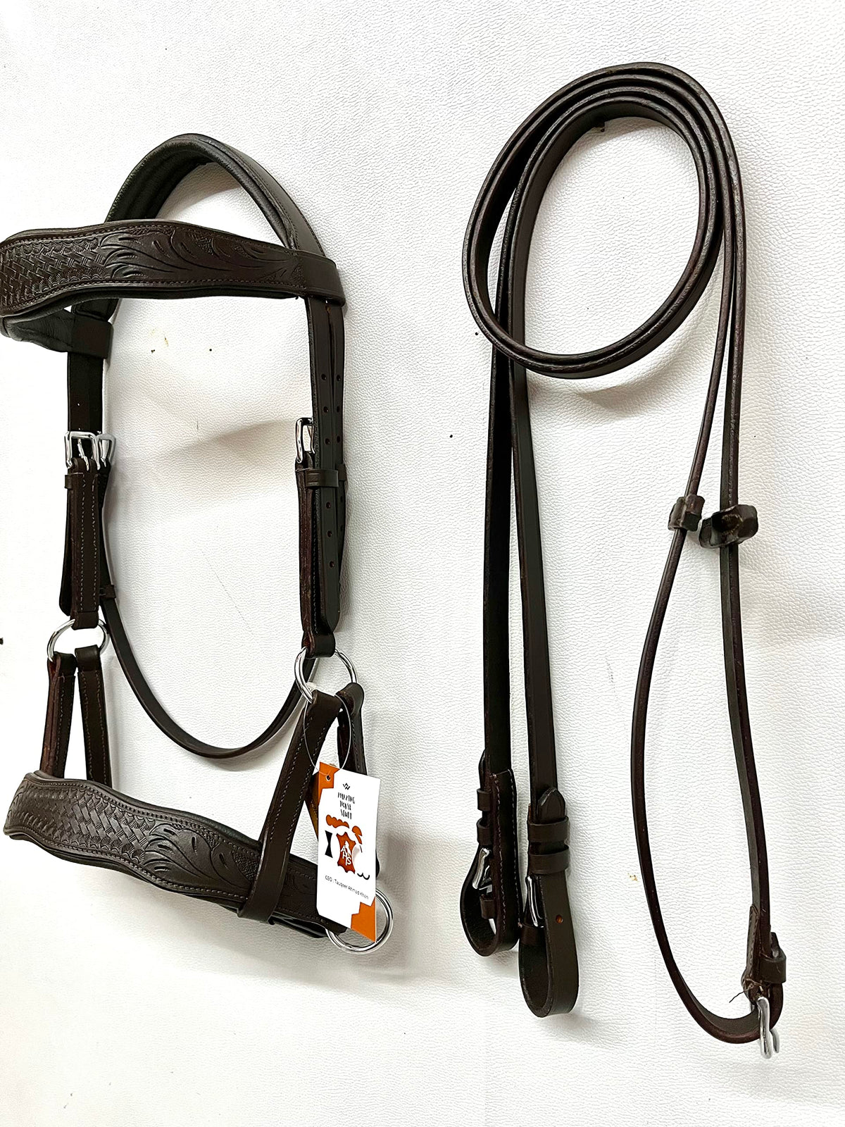 AMAZING HORSE STUFF Sidepull Bitless Bridle with Designer Hand Carving On Brow & Noseband Curved Shaped Brown (Full, Cob, Pony) (Pony)