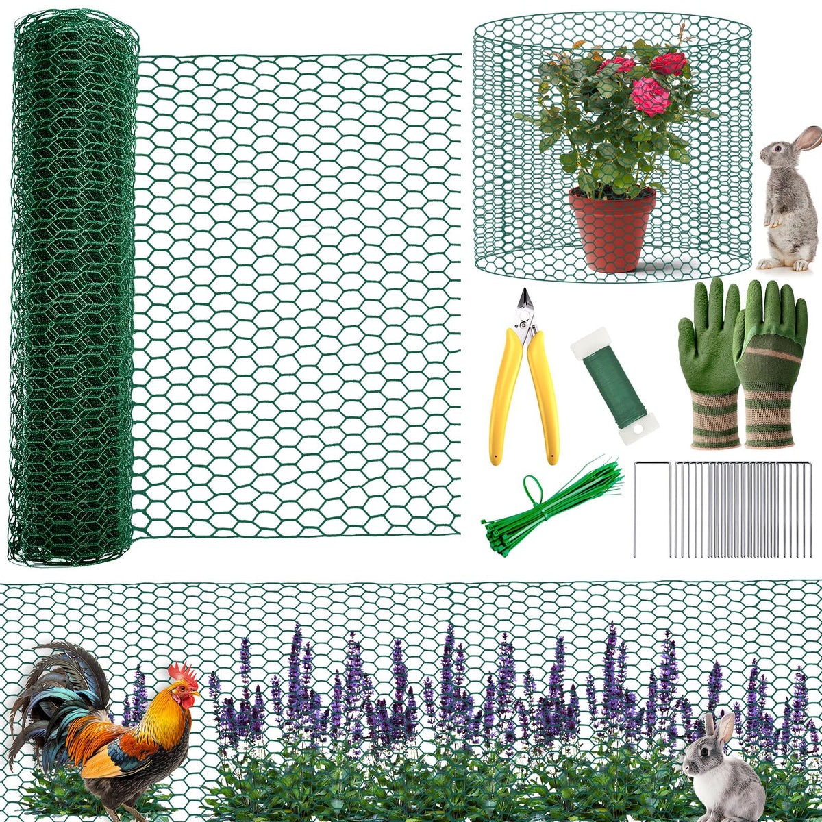 All-in-One 200 Inch Plant Protectors from Animals Kit - 0.85mm Heavy Duty Chicken Wire Cloche,Free-Cut Wire Mesh Roll Includes Pliers, Gloves, Ties, Stakes for Custom Outdoor Cages (16 * 200 Inch)
