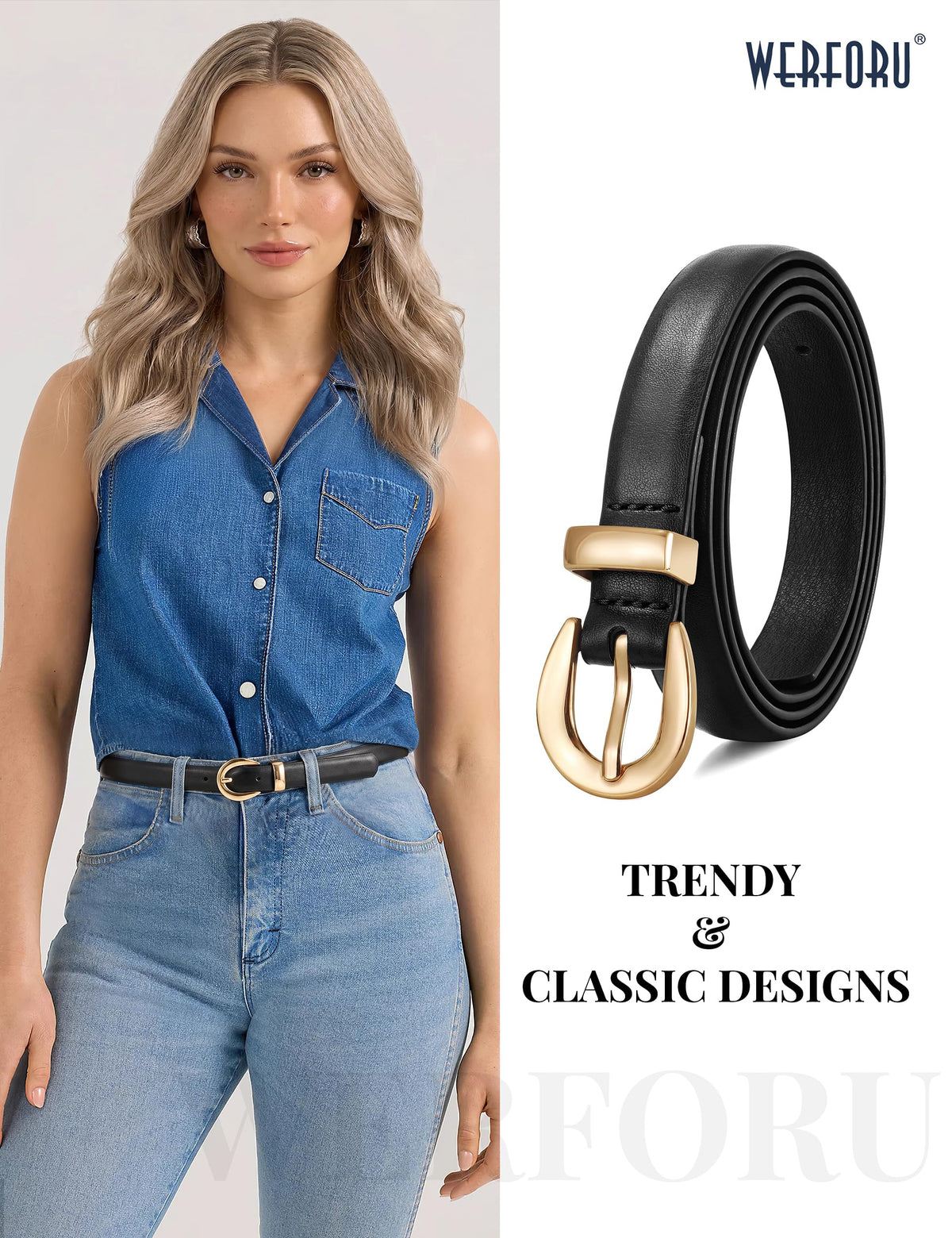 WERFORU Women Skinny Leather Belt for Jeans Pants Fashion Thin Waist Belts for Women Dress Belt with Gold Buckle,Black,Fit Waist Size 31-36 Inches