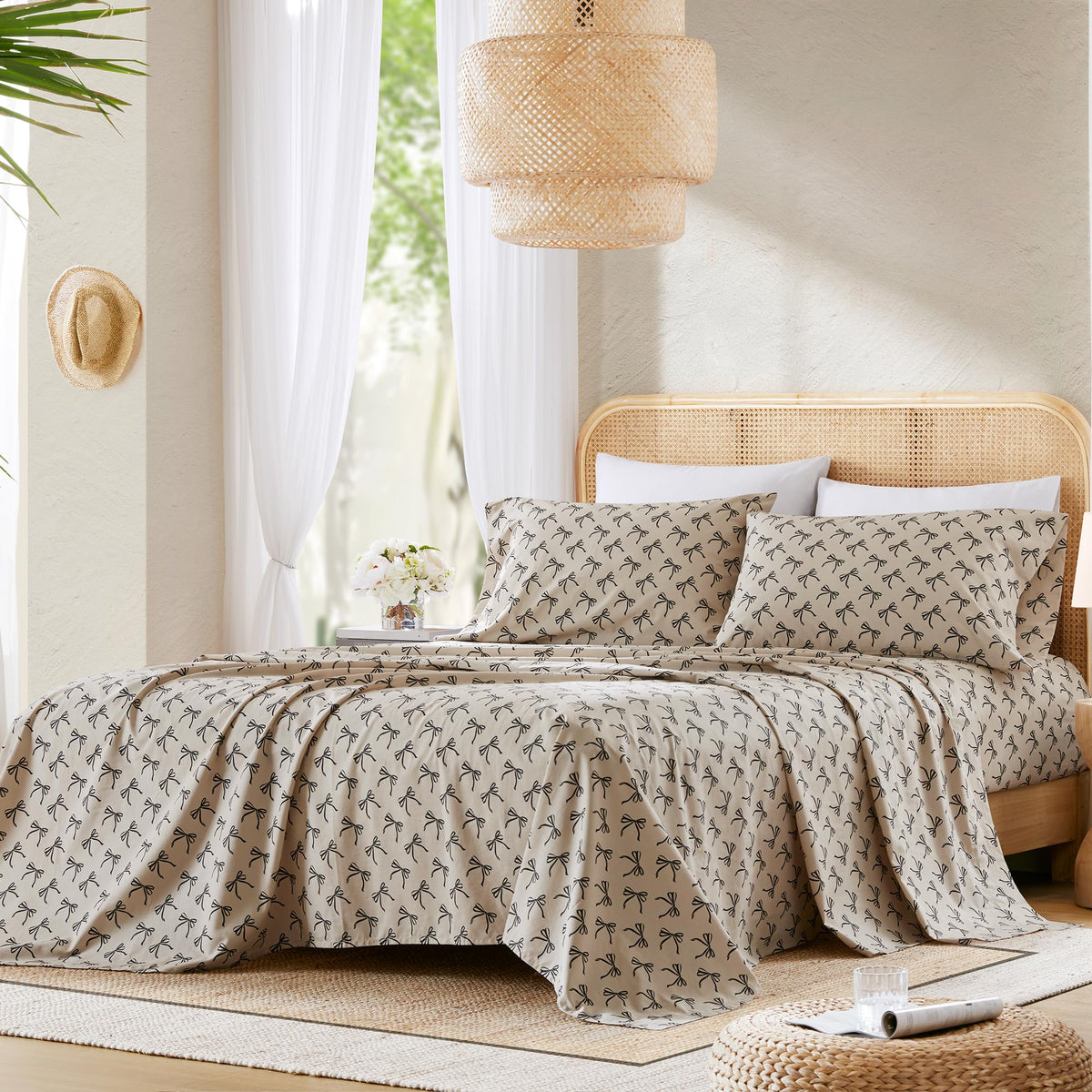 Comfort Spaces 100% Cotton Sheets Full, Breathable, Naturally Cool Cotton Sheets, Soft Cotton Bed Sheets with 14" Elastic Pocket Fits up to 16" Mattress, All Seasons Sheet Set, Bow Black/Taupe 4 Piece