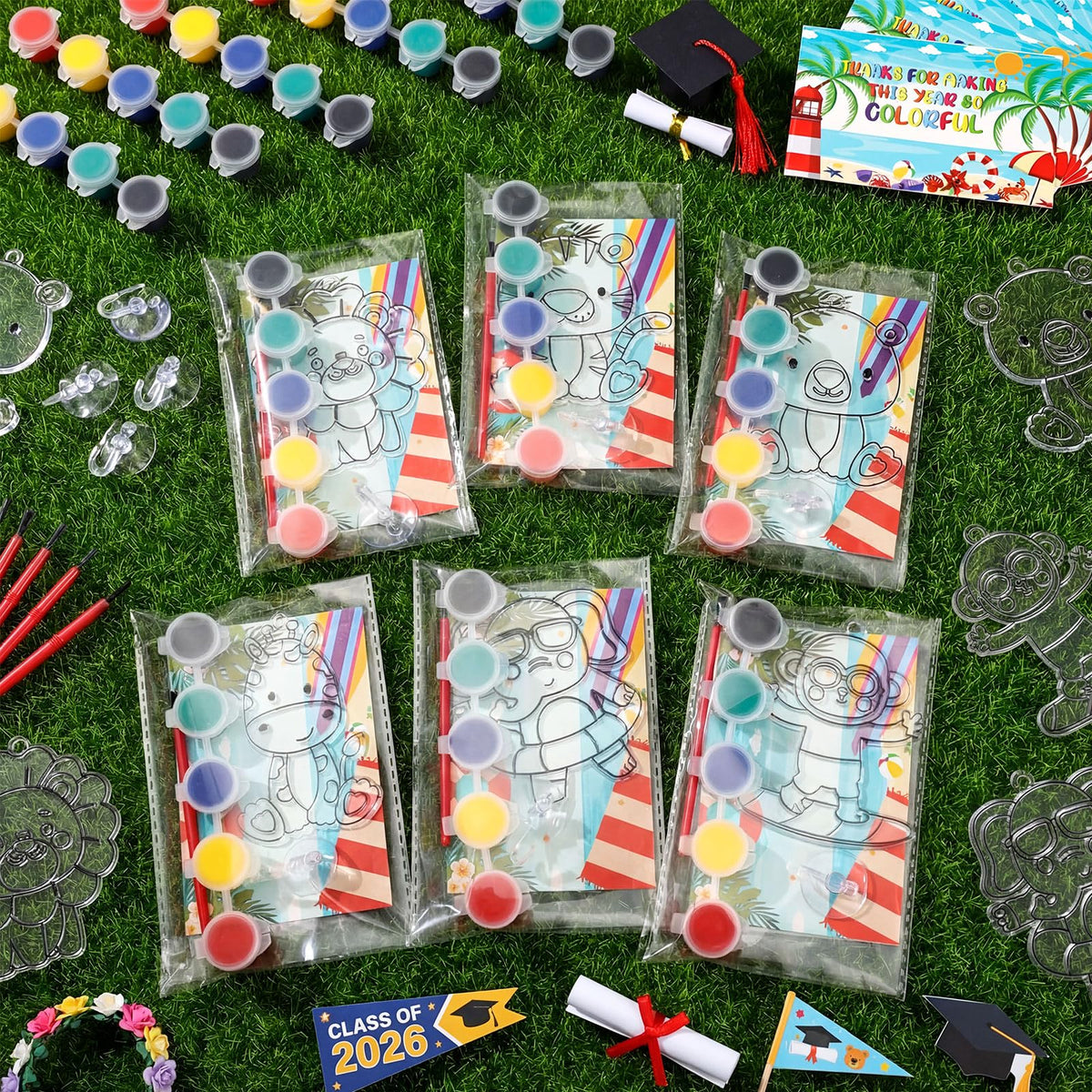 Kathfly 24 Sets /146 Pcs End of Year Gifts for Kids Suncatchers Craft Kit Create Your Own Window Paint Art Animals Beach Ocean Palm Themed Sun Catchers Craft Kits for School Graduation Party Exchanges
