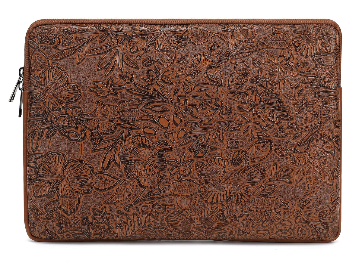 Canvaslove Embossing Floral Pattern PU Leather Laptop Sleeve Case with Pocket for MacBook Air 15 inch and 15 inch-15.6 inch HP, Lenovo, Dell, ASUS, Acer Notebook Computer (Coffee)