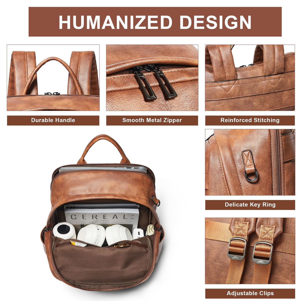tiamyi Vegan Leather Backpack for Women and Men, Fits 16.0 Inch Laptop, Multi-Pocket Design with Water Bottle and Luggage Strap, Ideal for Work, Travel, and Daily Use, Brown